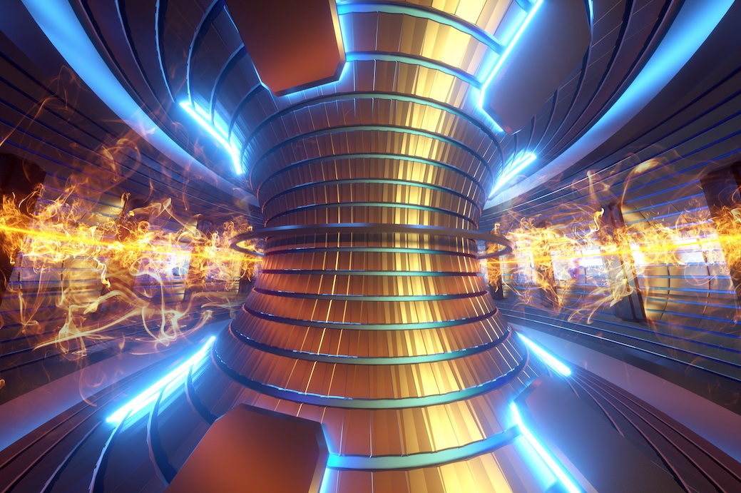 3D Render fusion reactor nuclear fusion, tokamak inside heated plasma, toroidal shape, clean energy