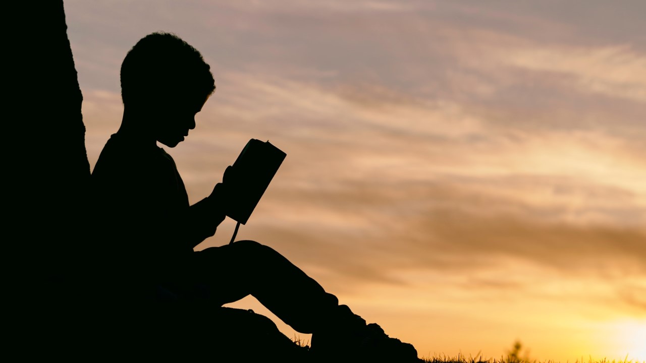 A child reading a book in silhouette
