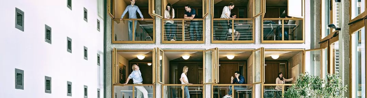 Students in two level office pods