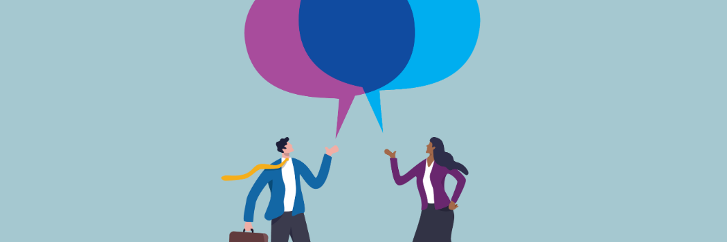 Cartoon of male and female work colleagues talking with speech bubbles above them on a blue backgroun