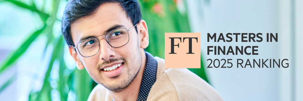 student sitting near plants smiling into the distance with the FT Masters in Finance 2025 logo to his right