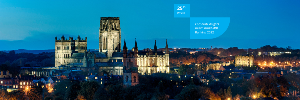 Cathedral at dusk with corporate knight ranking logo on the right