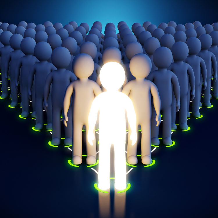 Luminous 3D man with 3D followers behind