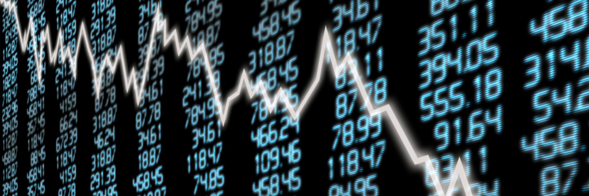 Stocks and Shares on a digital display with an overlay of a graph showing stock prices plummeting