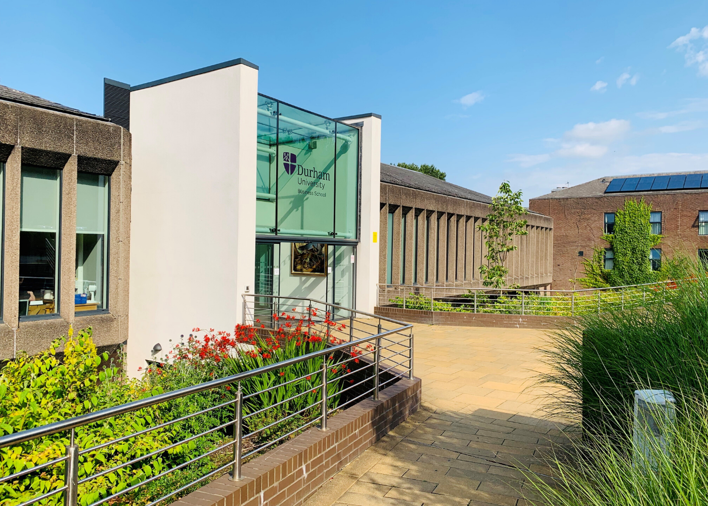 Business School entrance with plants