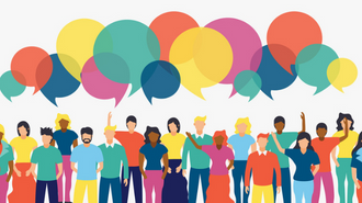 Graphic of a large group of people with raised arms and speech bubbles above them