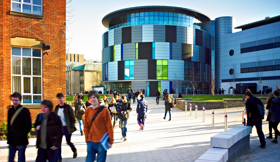 Lower Mountjoy Campus bustling with students and the Calman Learning Centre in the background