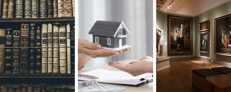 Three images of old books, a model house held in a palm and an art gallery