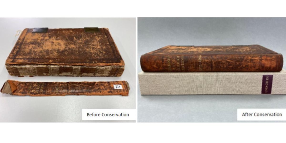 Image shows before and after conservation.  Before shows the book of matriculation with it's spine lying beside in and wear and tear on the cover. after shows the spine replaced, wear and tear patched up and the book is lying on its clamshell case.