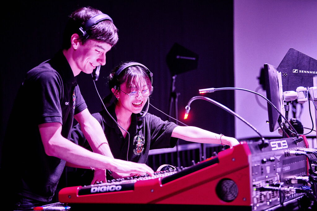 Student technicians using lighting deck at the Mark Hillery Arts and Music Centre