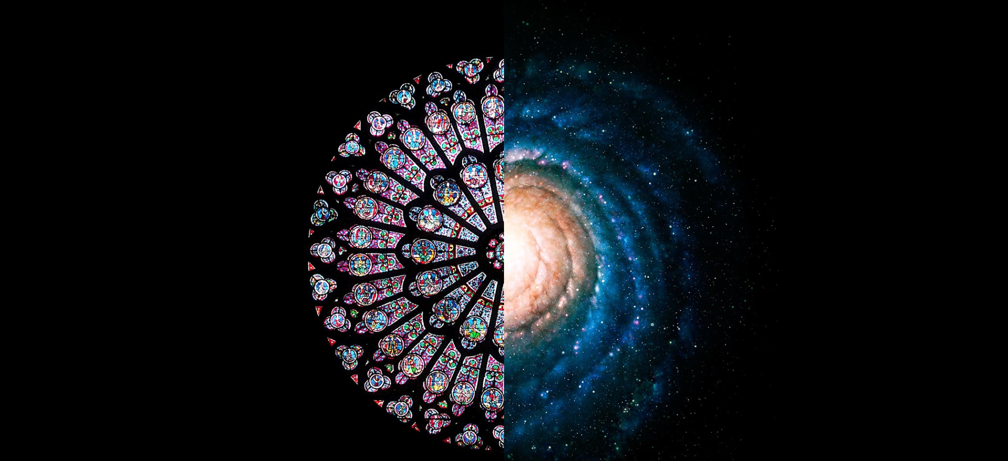 Split image of a stained glass window to the left, and a galaxy to the right