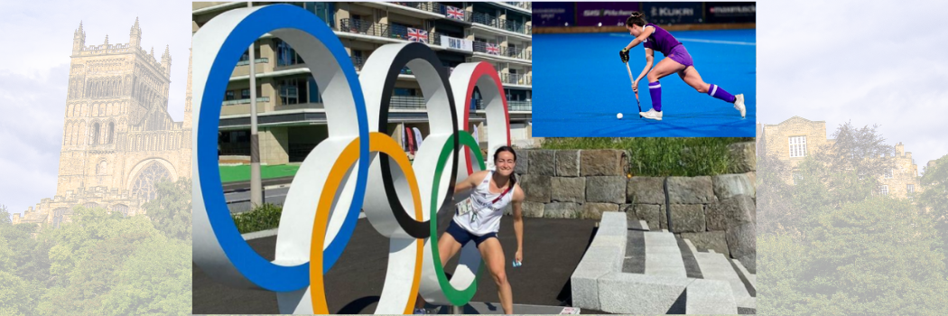 Student Fiona by Olympics rings and playing hockey