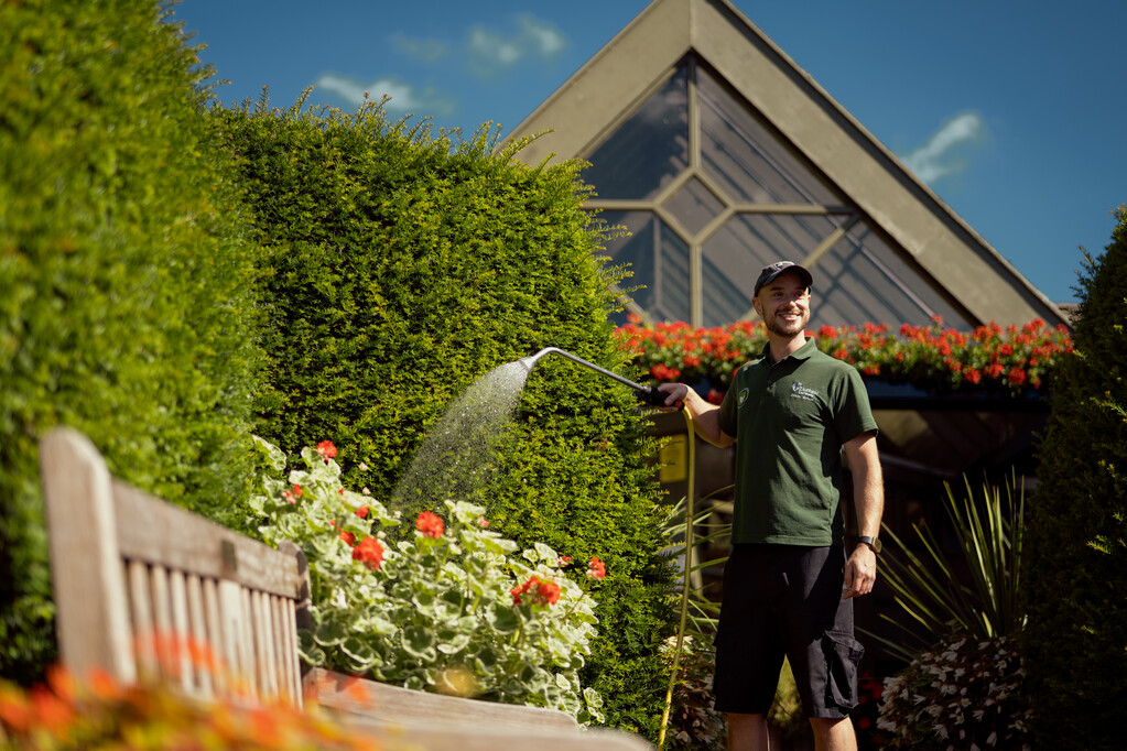 A man watering plants in the Botanic Garden on a sunny day