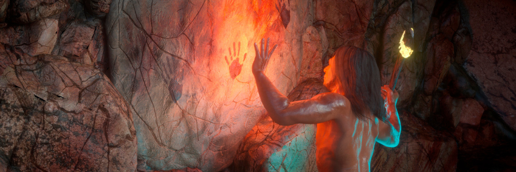 A computer generated image of a Neanderthal holding a flaming torch putting his hand on a cave wall