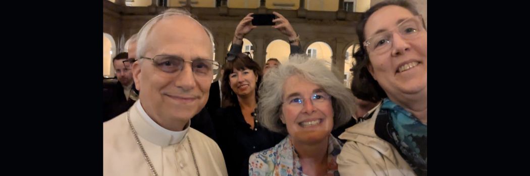 A selfie showing the new Pope Leo XIV with three women including Professor Anna Rowlands