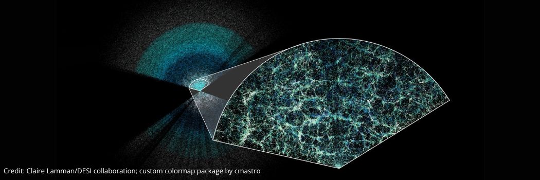 A map of the Universe showing a web of blue, green and white against a black backdrop