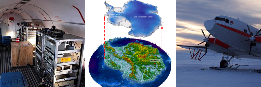 Graphic showing the Antarctic ice sheet lifted up to reveal the ancient landscape underneath