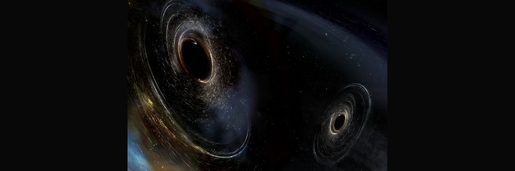 Two black holes move towards each other against a starry backdrop