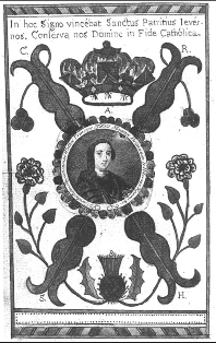 Engraved portrait of Charles Edward Stuart surrounded by Jacobite symbols