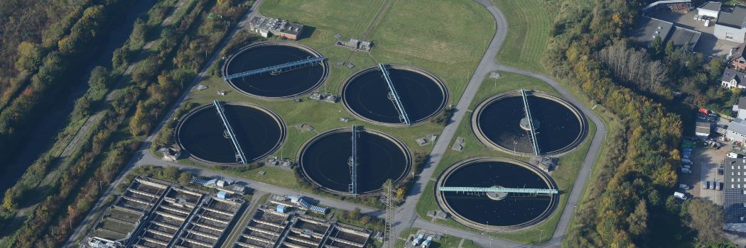 Aerial view of a sewage treatment works.