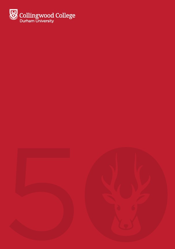 Front cover of book - red background with a logo made up of the number 50 with a stags head outlined in the zero