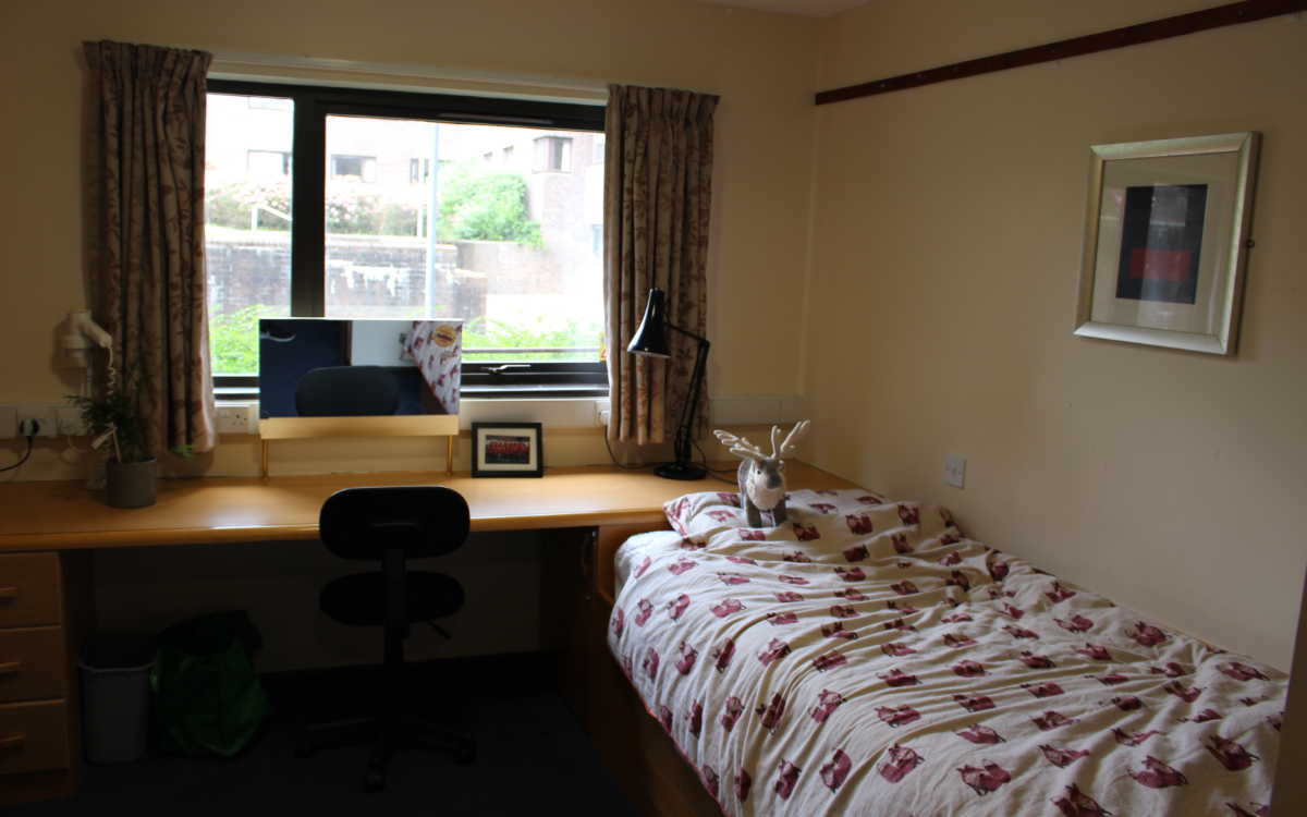 Bedroom with single bed, desk and window