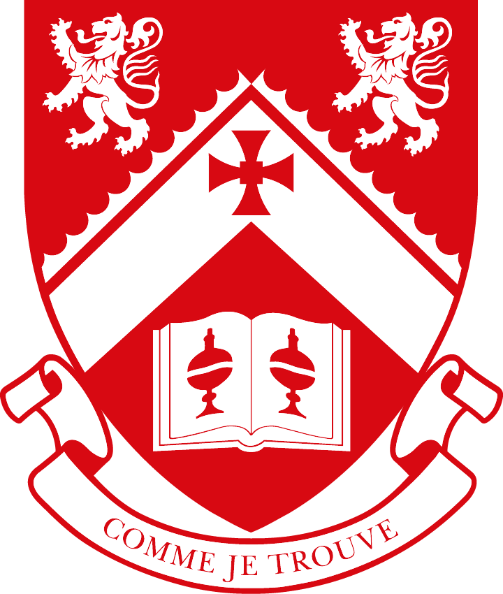 Red college crest featuring the motto 