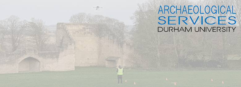 Archaeological Services logo with someone flying a drone in the background