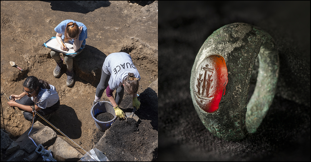Left: Students excavating at Auckland Castle. Right: Roman ring found at Binchester Roman Fort