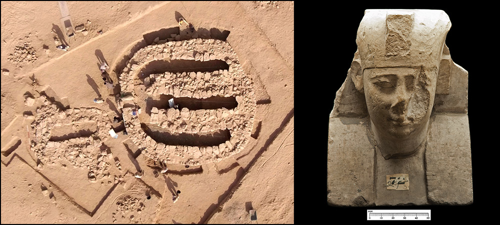 Benner depicting two images. Left: Aerial photograph of and excavation. Right: Bust of an ancient Egyptian Pharaoh