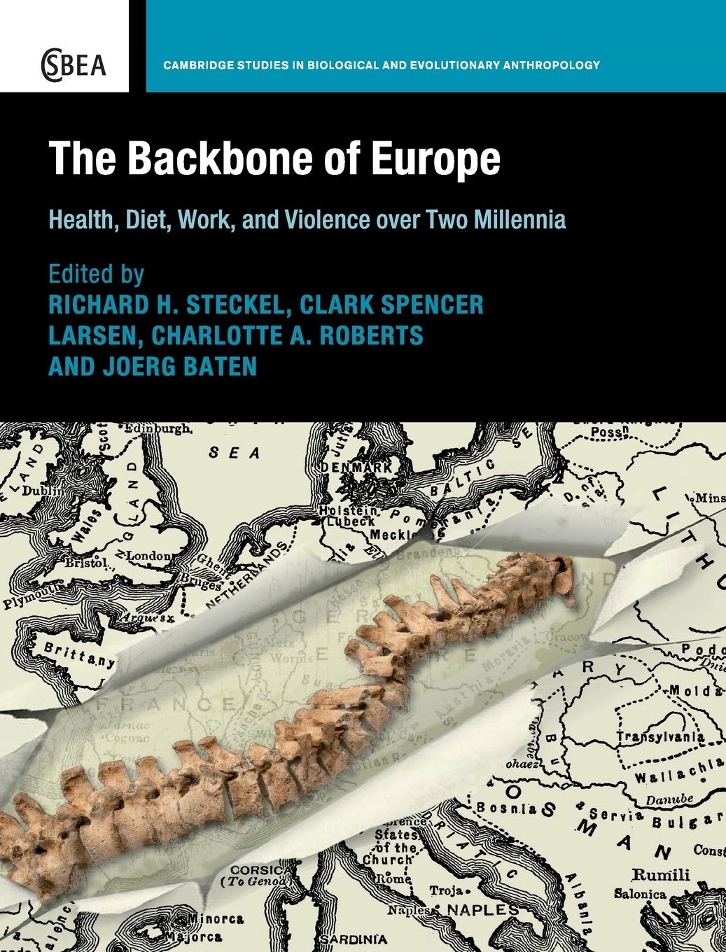 Book cover with map and photo of a human backbone