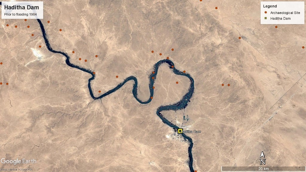Google image of the Euphrates River and distribution of archaeological sites before the construction of the Haditha dam
