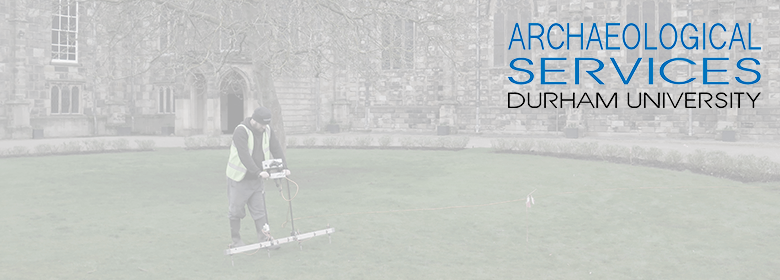 Archaeological Services logo with archaeologist doing resistivity survey as backdrop