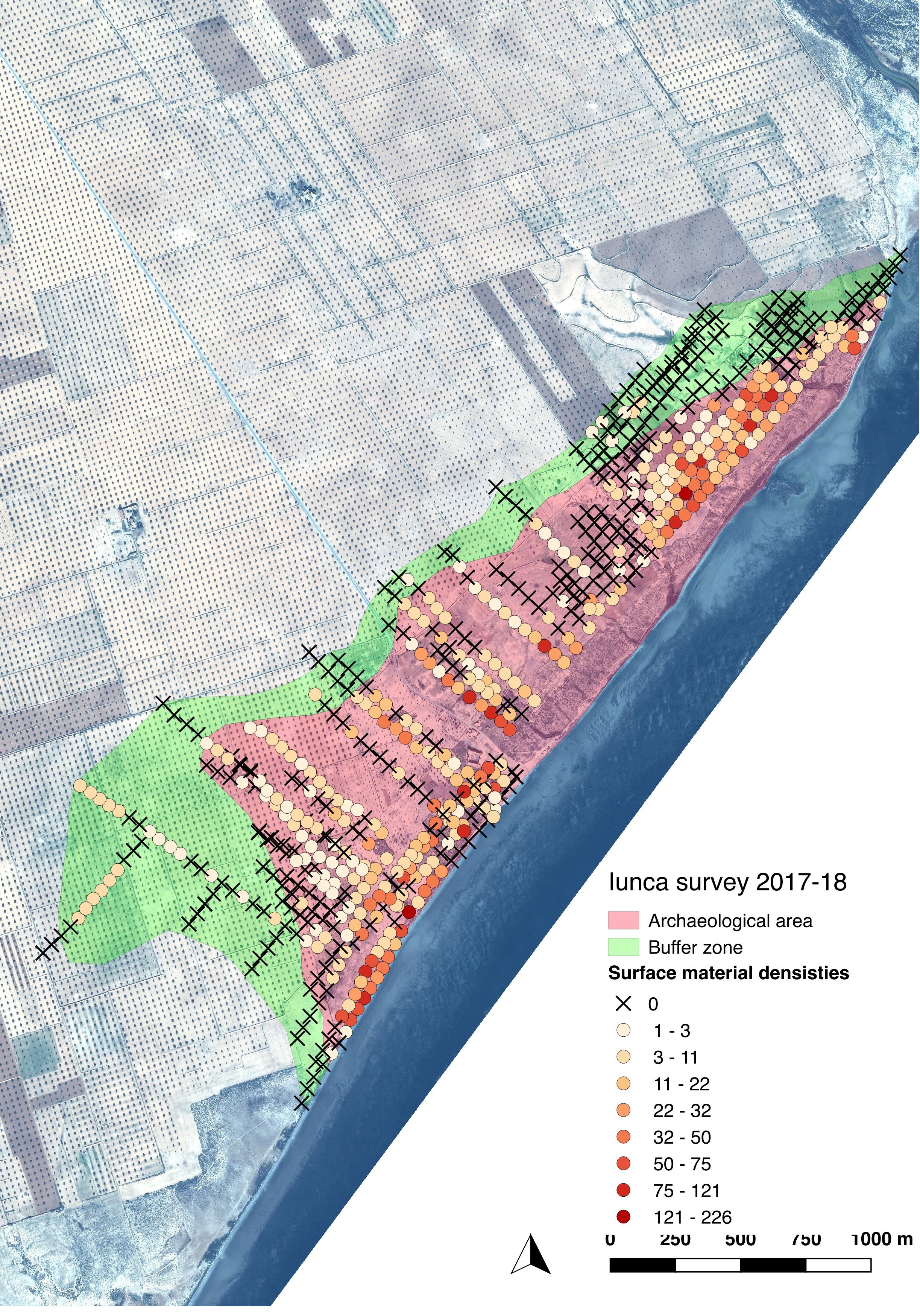 Plan of Archaeological area and buffer with surface material densities