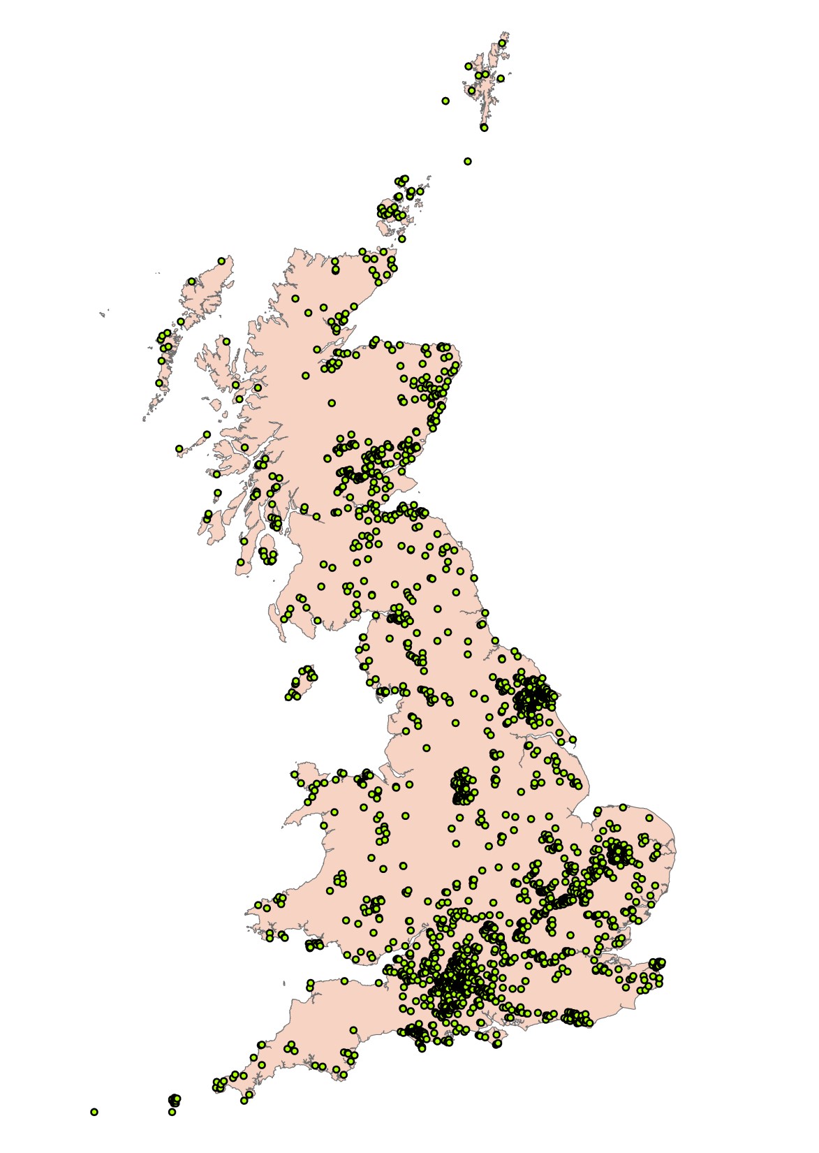Map showing distribution of recorded burial sites in the Invisible Dead database for Britain