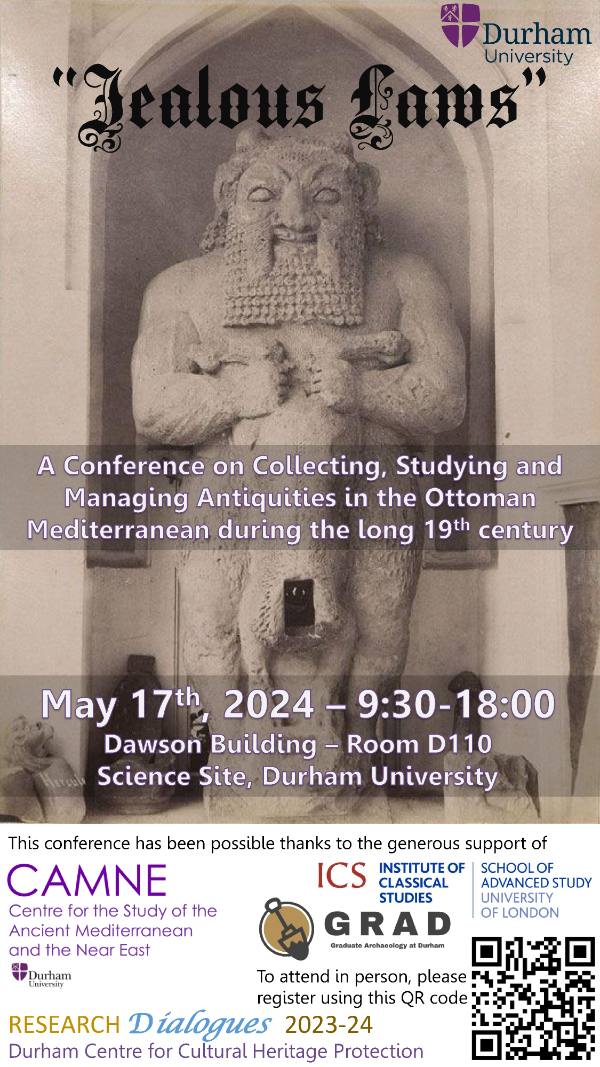 Poster advertising the Jealous Laws conference. Background image shows a stone bearded figure holding an animal.