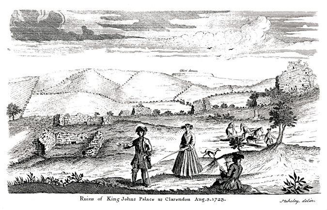 Drawing of two eighteenth century men and a lady in front of ruins set in countryside