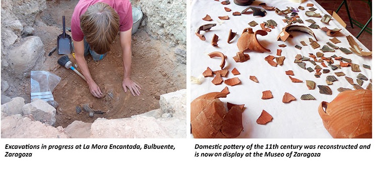Two photographs; on the left a student excavating medieval pottery; on the right a selection of broken medieval pottery sherds on a white table