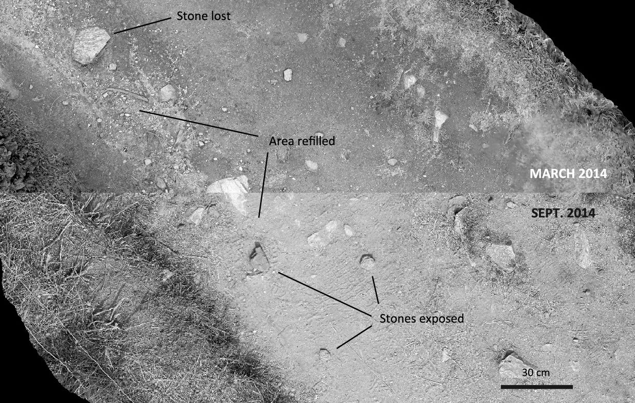 Two aerial images compared to identify changes to/loss of the archaeology