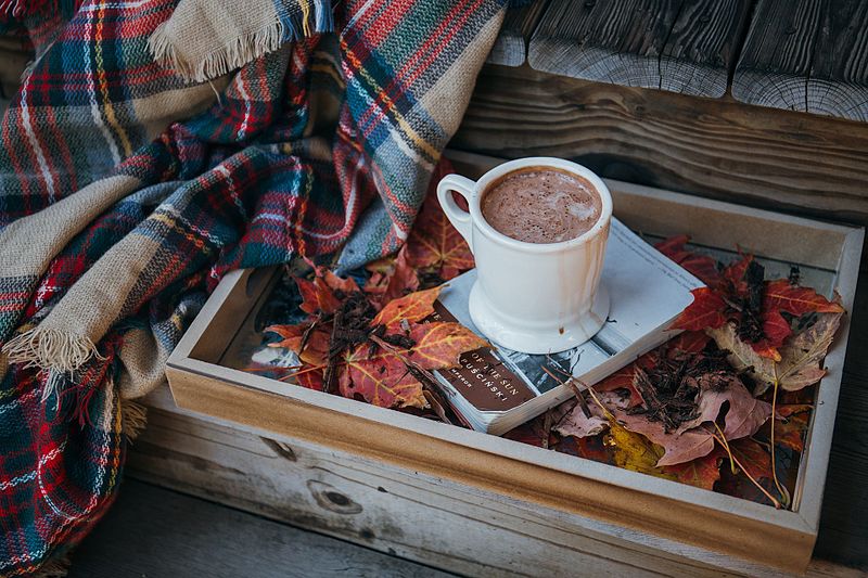 A mug of hot chocolate on a book in a tray full of autumn leaves, next to a blanket-covered chair