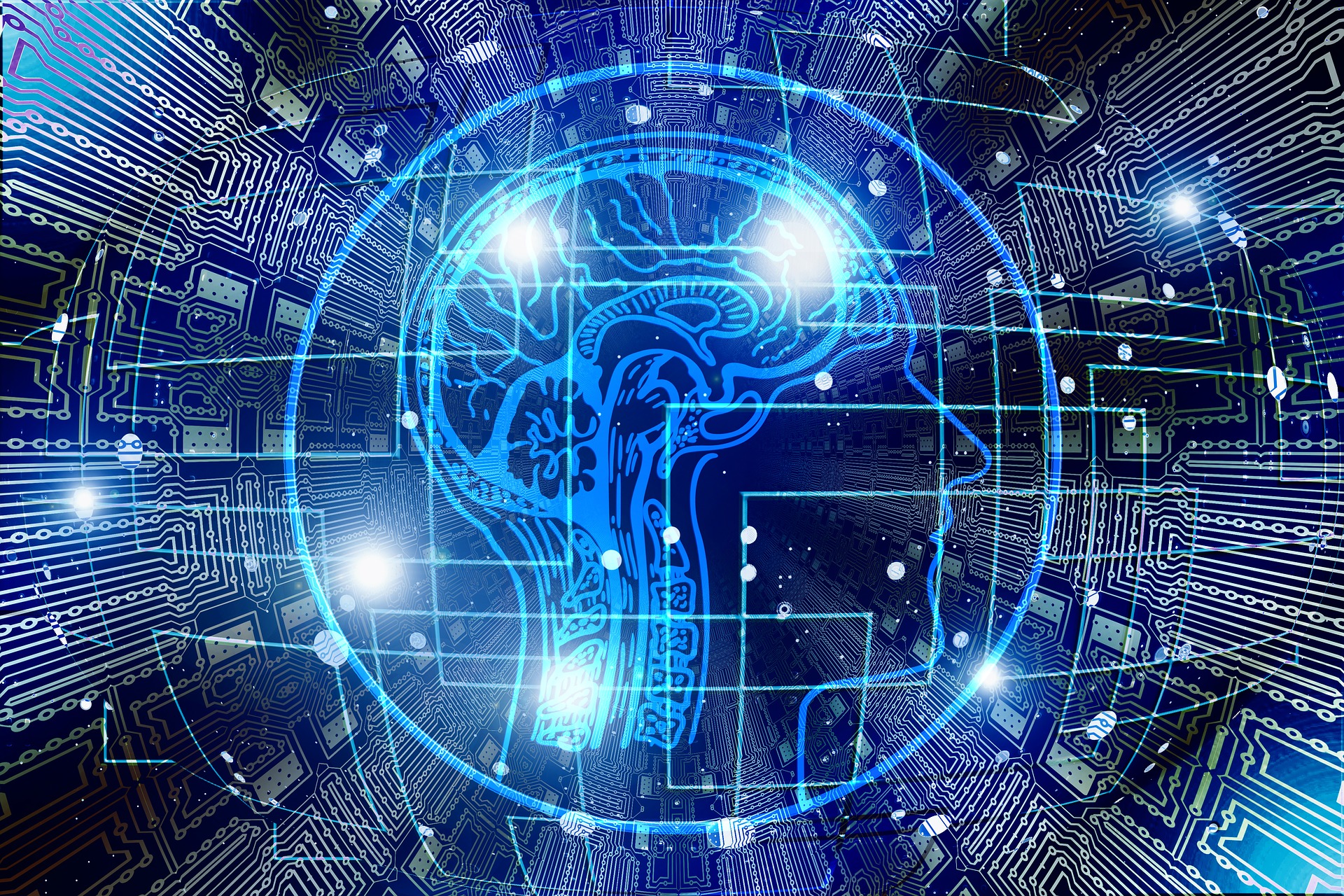 Blue coloured graphical representation of a human brain with radiating lines