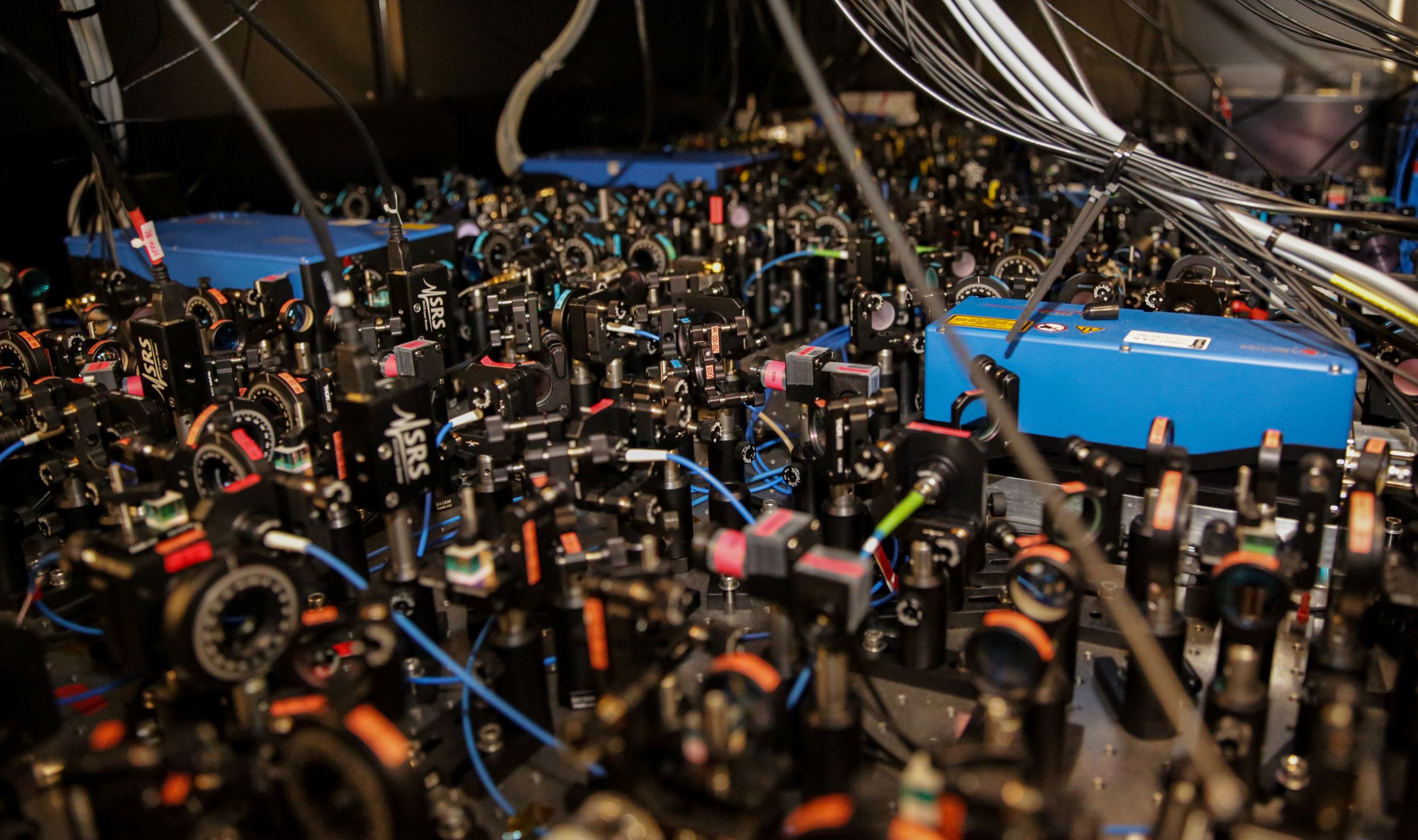 An optical bench showing some of the optical components needed to realise a state-of-the-art cold molecule experiment.