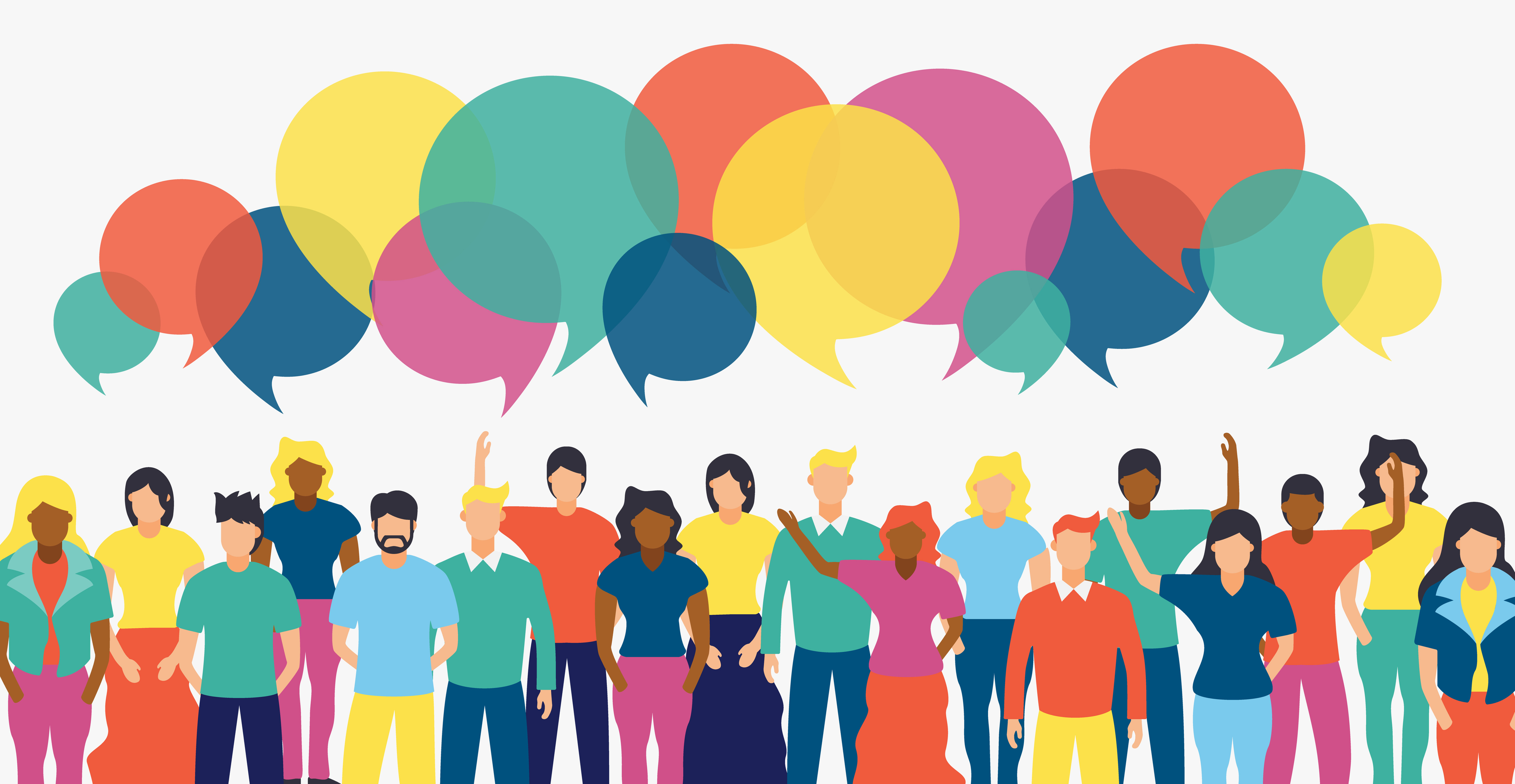 Diverse team of people all with speech bubbles