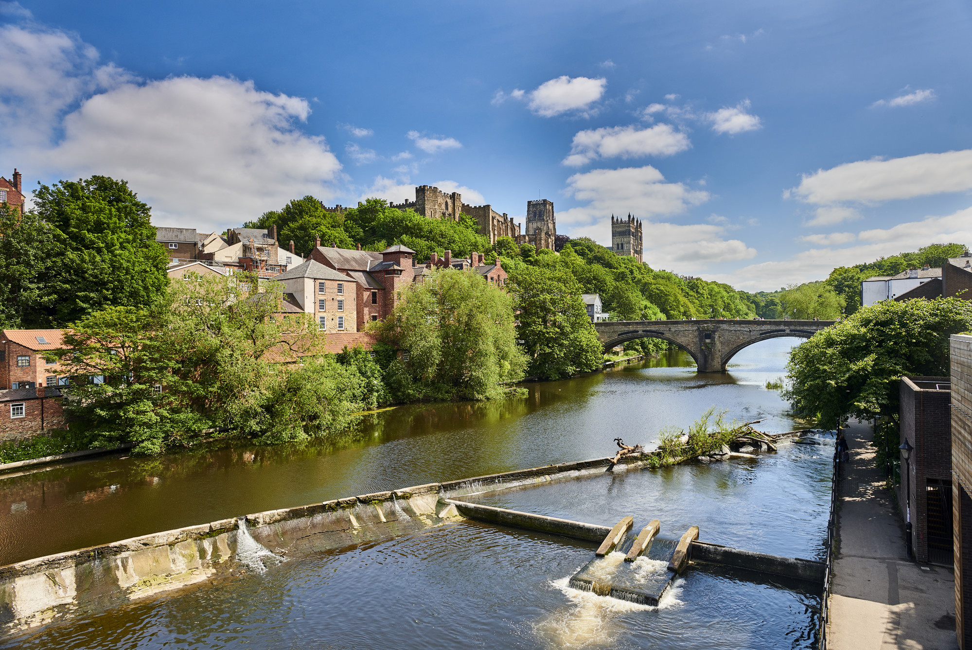 View of Durham Castle, Durham Cathedral and Framwellgate Bridge across the river