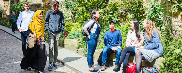 A group of international students walking, sitting and chatting in the street