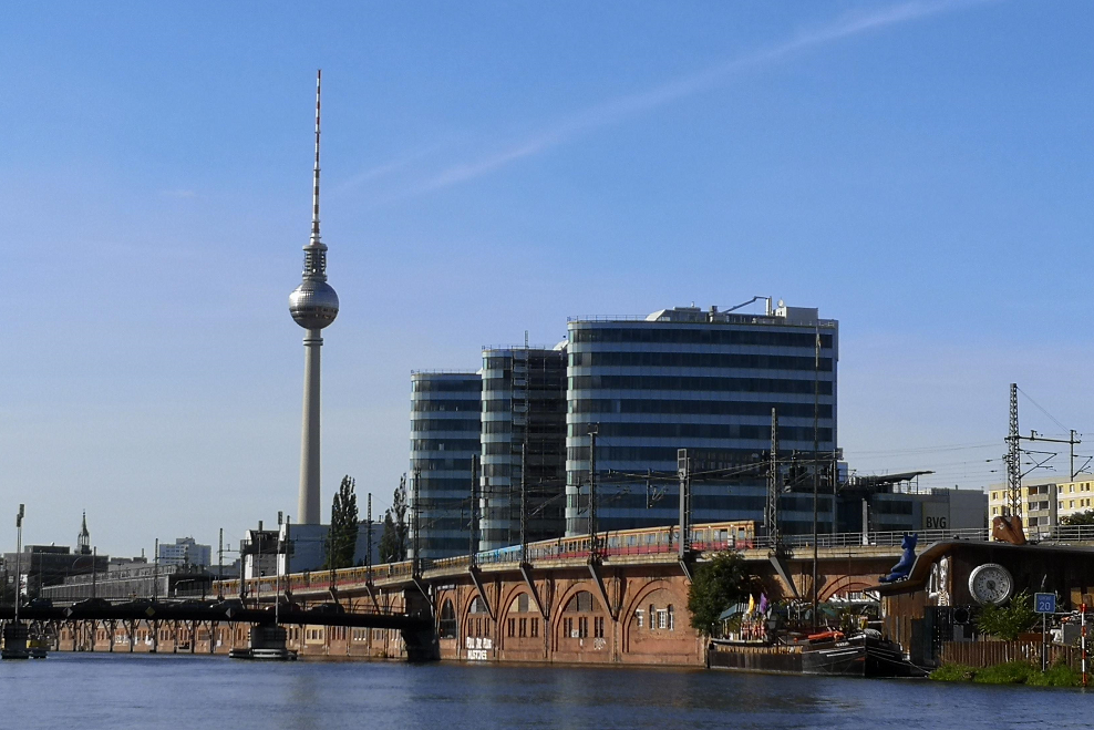 View to the tv tower in Berlin from the River Spree