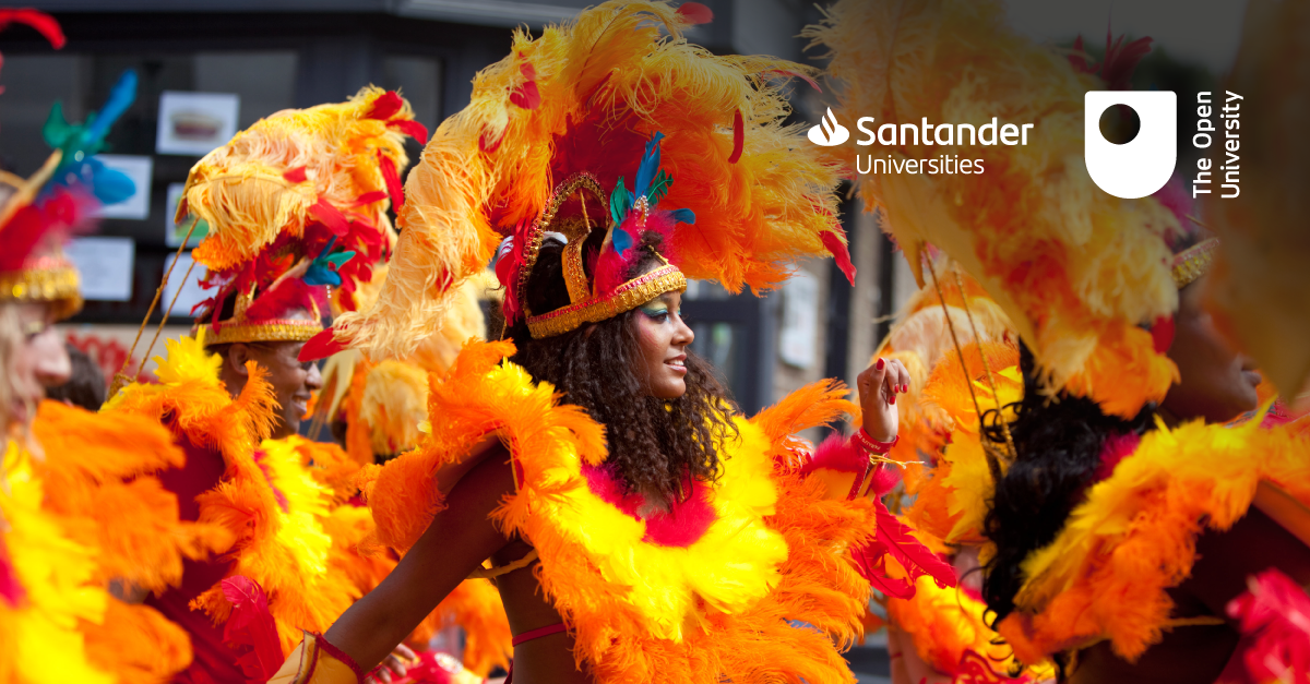 Union Black image of a lady at a carnival with brightly coloured feathers