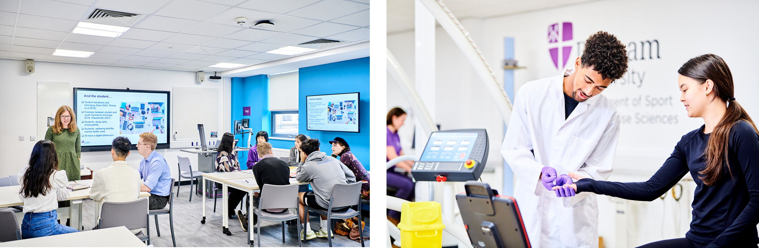 A female academic stands in front of a digital whiteboard as she talks/teaches a group of students and 	Undergraduate students using the cycle ergometer in the lab.