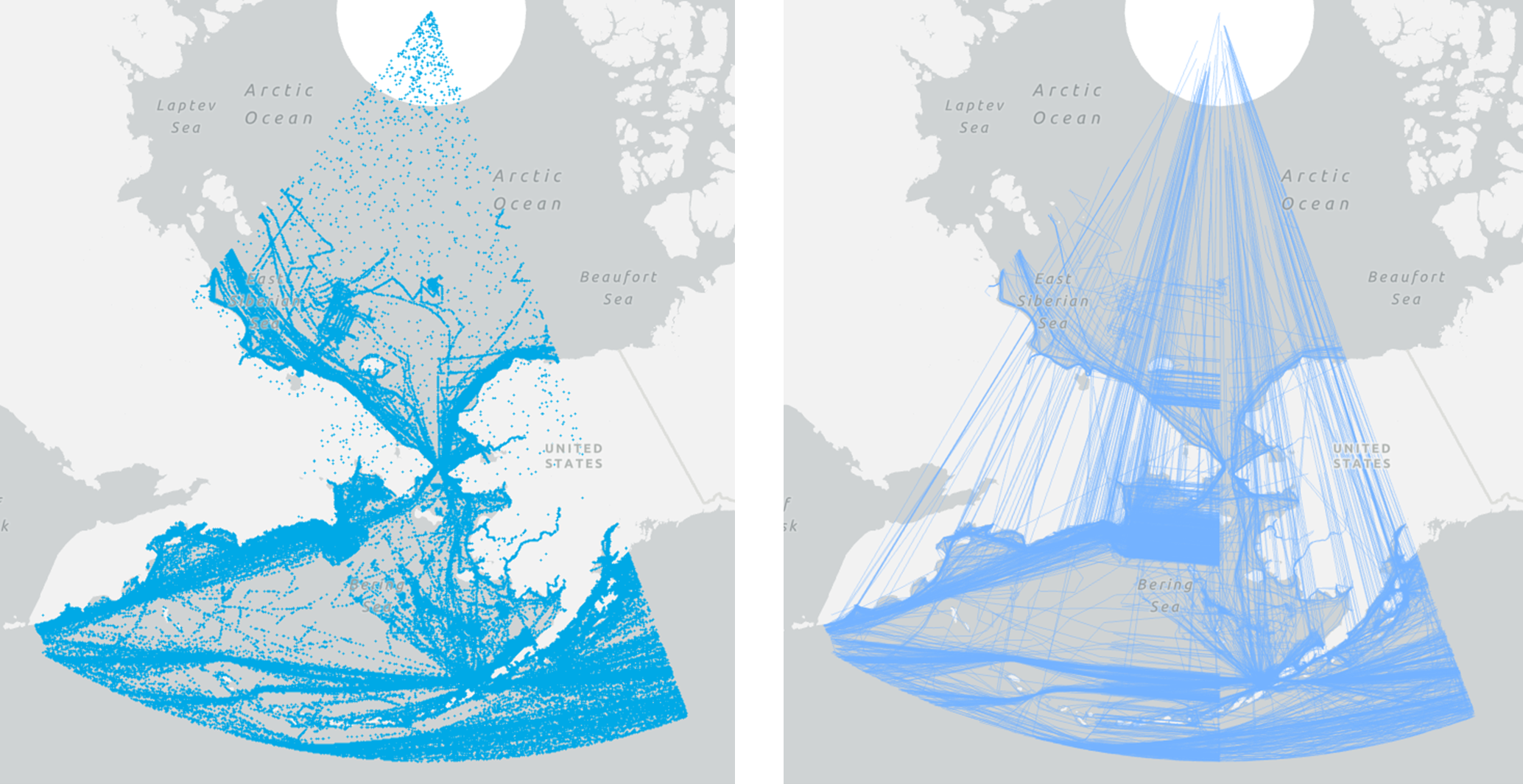 When the points are linked to create vessel tracks (right), the incorrect pings create an illusion that ships are jumping to the North Pole and back in just a few minutes!