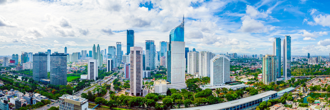 Modern city with trees and blue sky